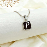 Square Initial Pendant Necklace – Custom Letter on Black Enamel with Silver Polish