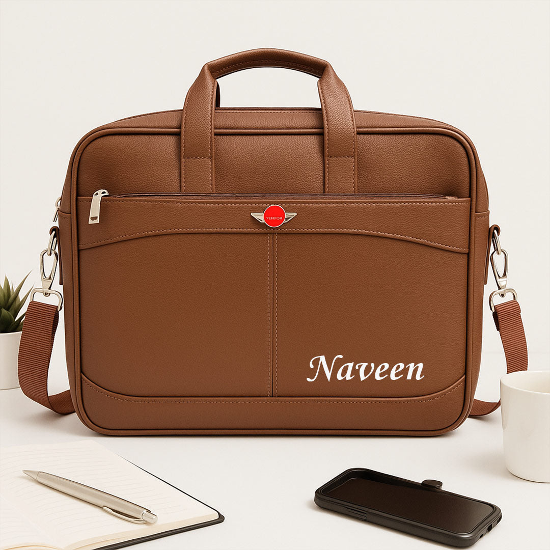 Personalized Brown Leather Office Laptop Bag – Custom Name Engraved Executive Briefcase | Love Craft Gifts