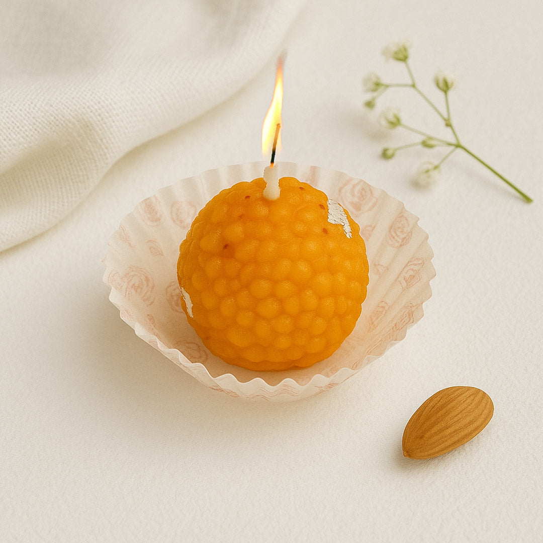 Motichoor Ladoo Shaped Candle – Realistic Sweets Theme Scented Wax Gift | Love Craft Gifts