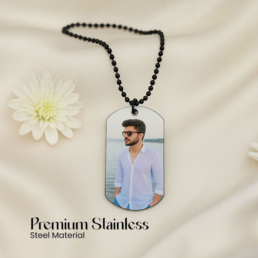 Personalized Black Bead Chain Photo Pendant – Custom Necklace for Men | Love Craft Gifts
