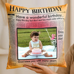 Happy Birthday Newspaper Style Personalized Cushion (10x10) | Love Craft Gifts