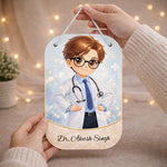 Personalized Doctor Cartoon Wooden Hanging Board – Custom Name Clinic Door Sign (11x7 Inch) | Love Craft Gifts