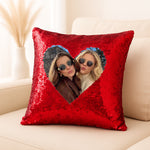 Personalized Red Sequin Cushion with Heart Photo | Love Craft Gifts