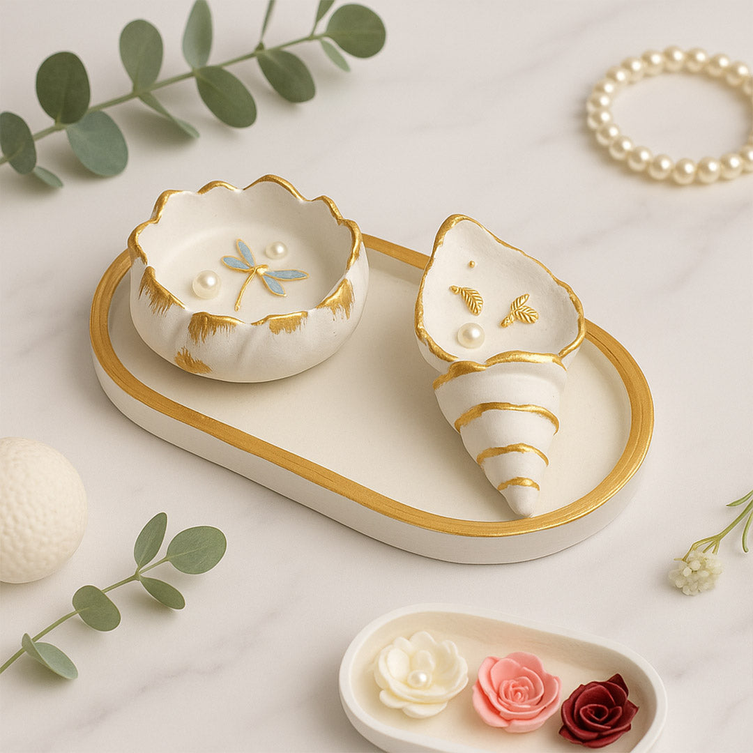 Luxury Seashell Candle Set with Tray – Handcrafted Scented Wax Art in Gold-Edged Ceramic | Love Craft Gifts