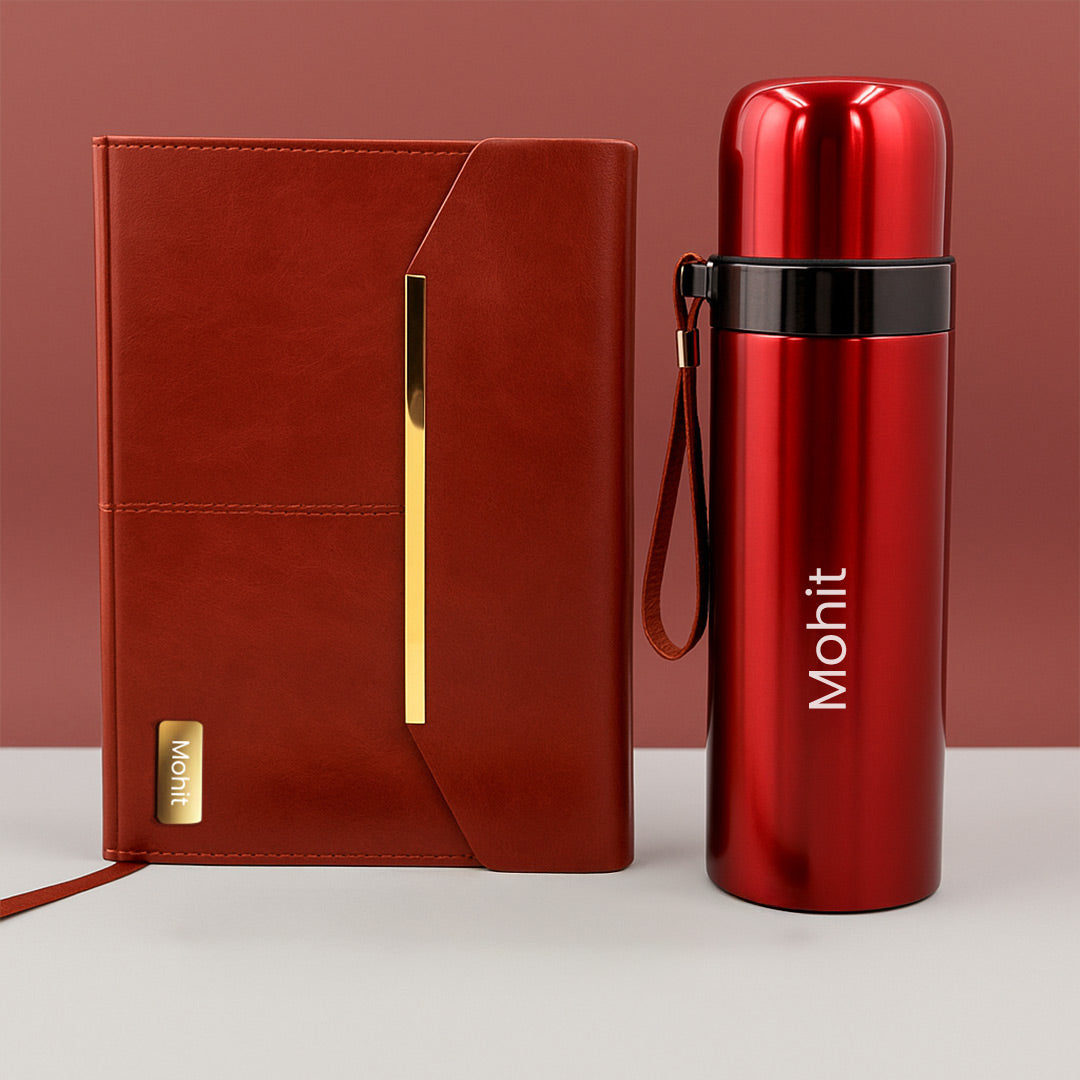 Premium Personalized Maroon Gift Set – Custom Diary & Bottle Combo with Name Engraving | Love Craft Gifts