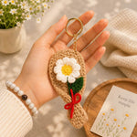 Crochet Daisy Flower Keychain with Red Bow | Cute Handmade-Style Floral Bag Charm | Love Craft Gifts™
