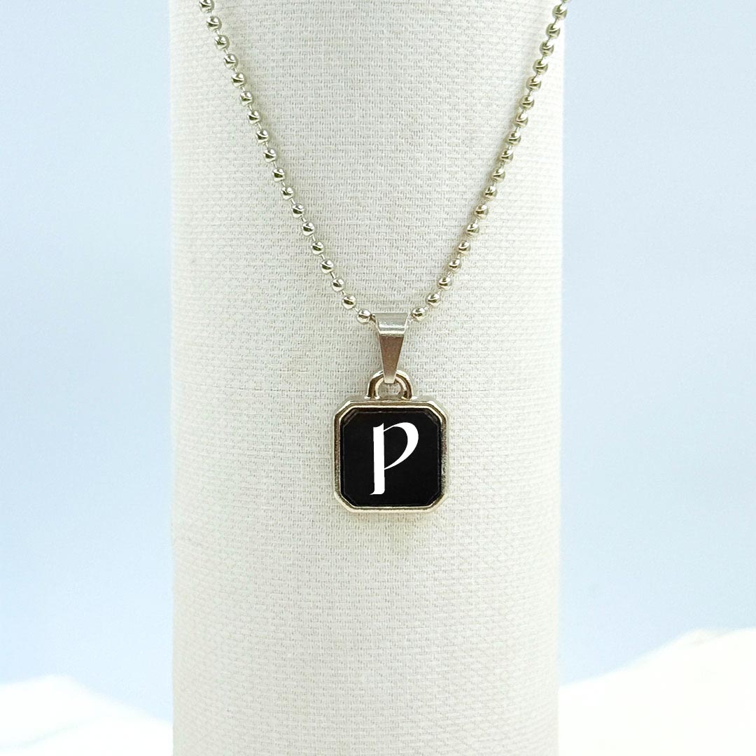 Square Initial Pendant Necklace – Custom Letter on Black Enamel with Silver Polish