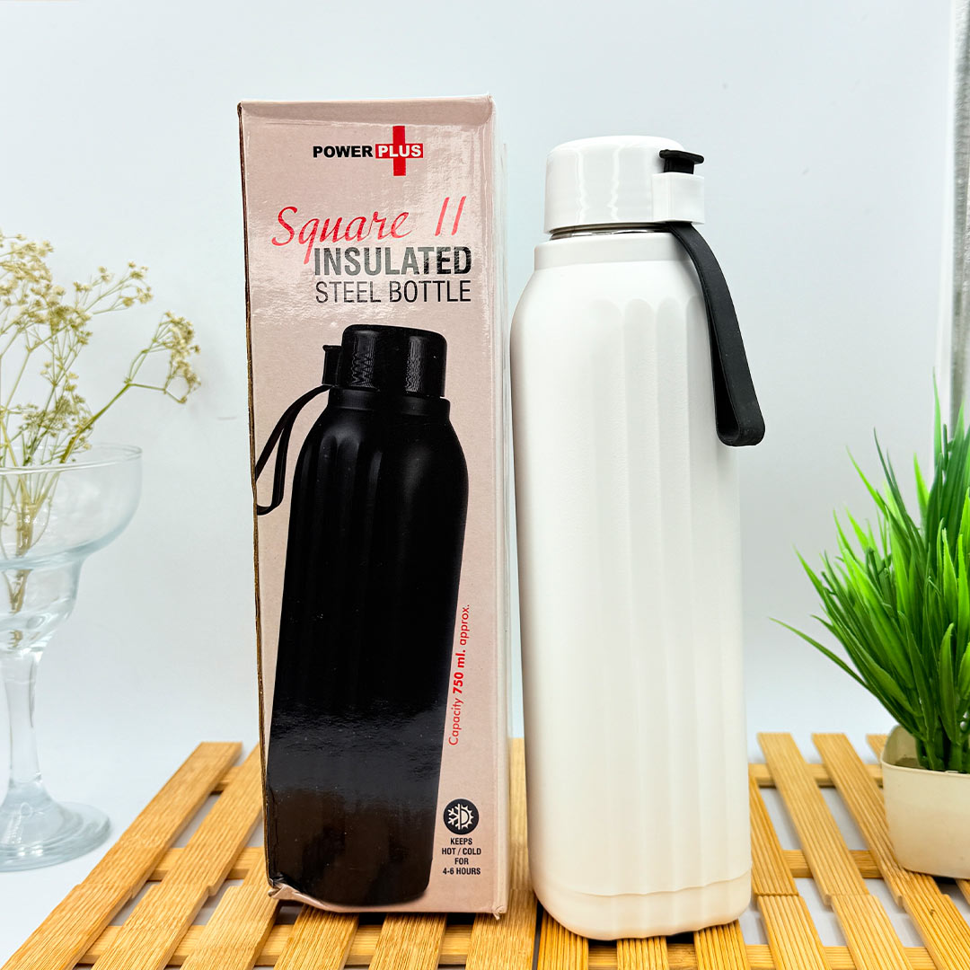 Stylish Power Plus White Square Insulated Steel Bottle - Custom Name Water Bottle