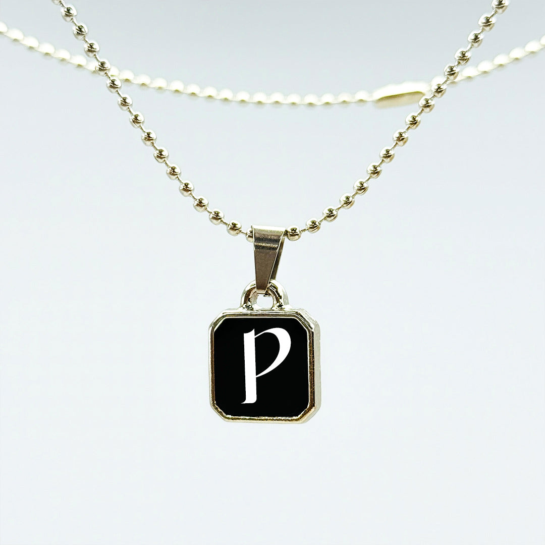 Square Initial Pendant Necklace – Custom Letter on Black Enamel with Silver Polish