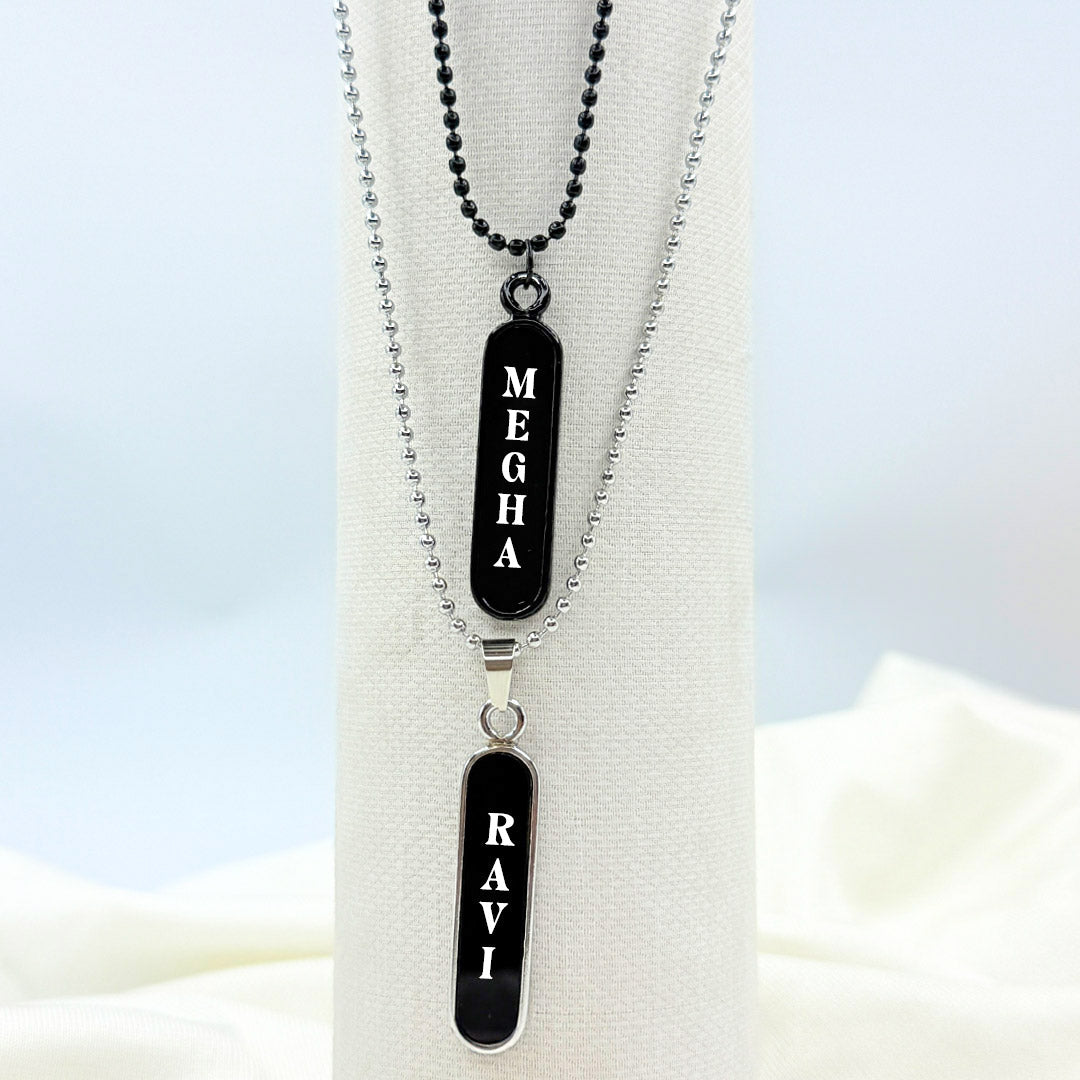 Personalized Vertical Name Pendant Necklace – Black & Silver Variants