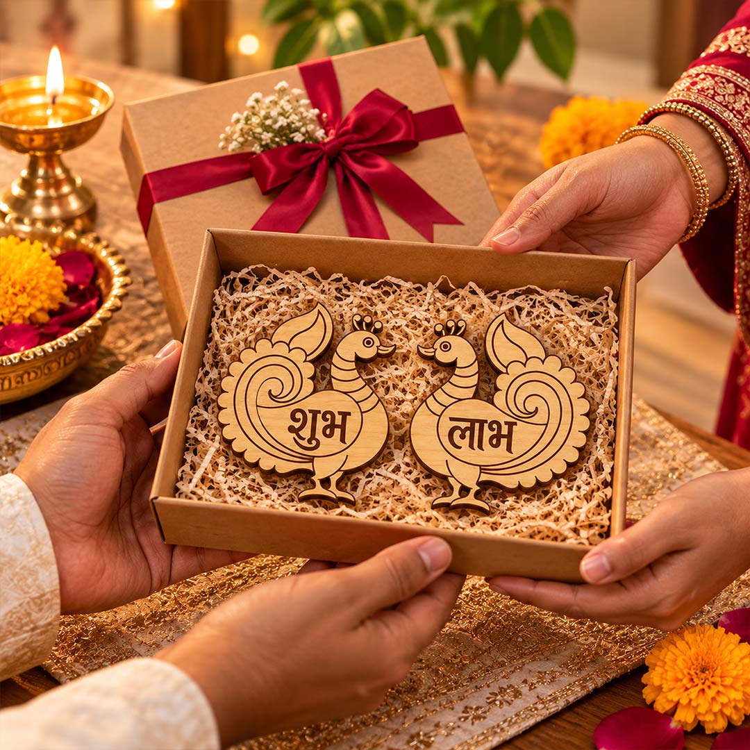 1. Traditional Peacock Shubh Labh Set | Wooden Housewarming and Festive Decor | Love Craft Gifts™