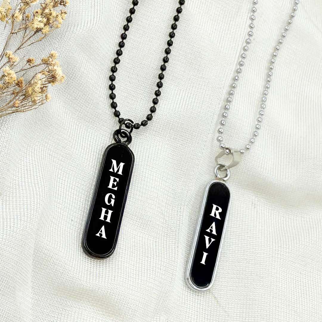 Personalized Vertical Name Pendant Necklace – Black & Silver Variants