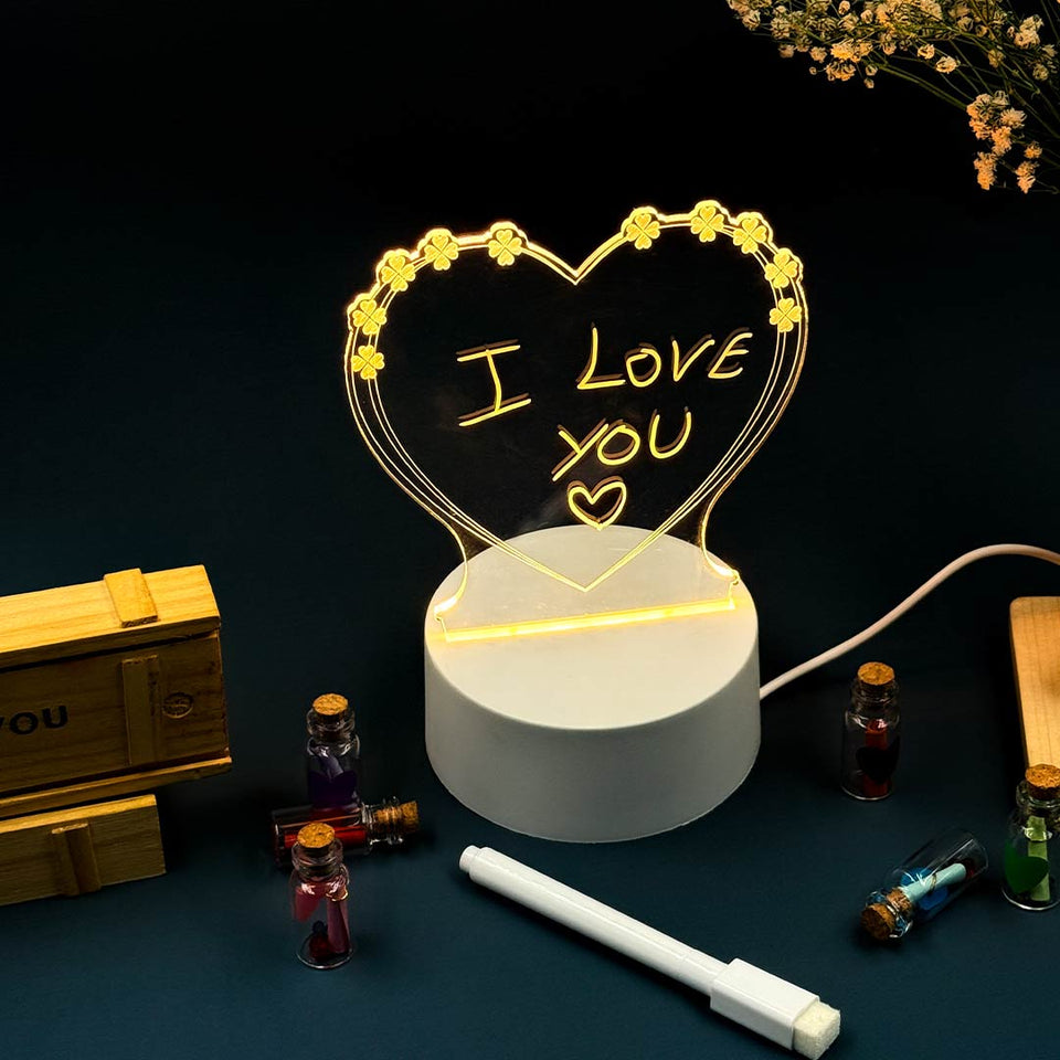 3D Acrylic Heart Shaped Night Lights Led Note Board With Pen