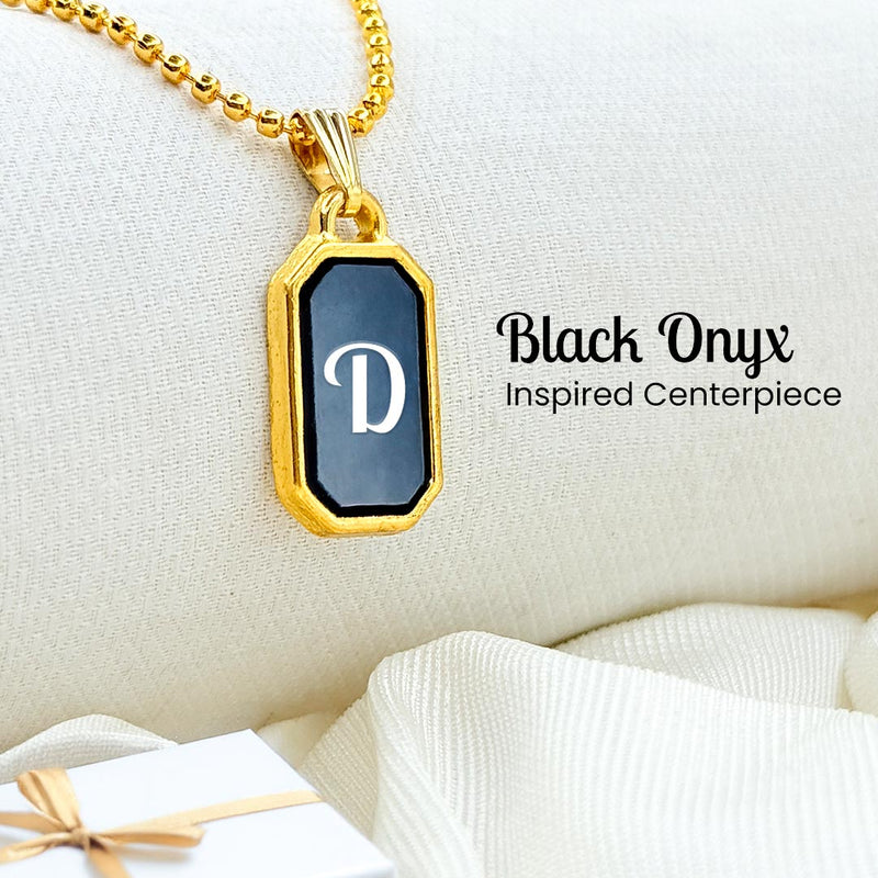 Custom Gold Initial Pendant Necklace – Black Enamel with Personal Letter