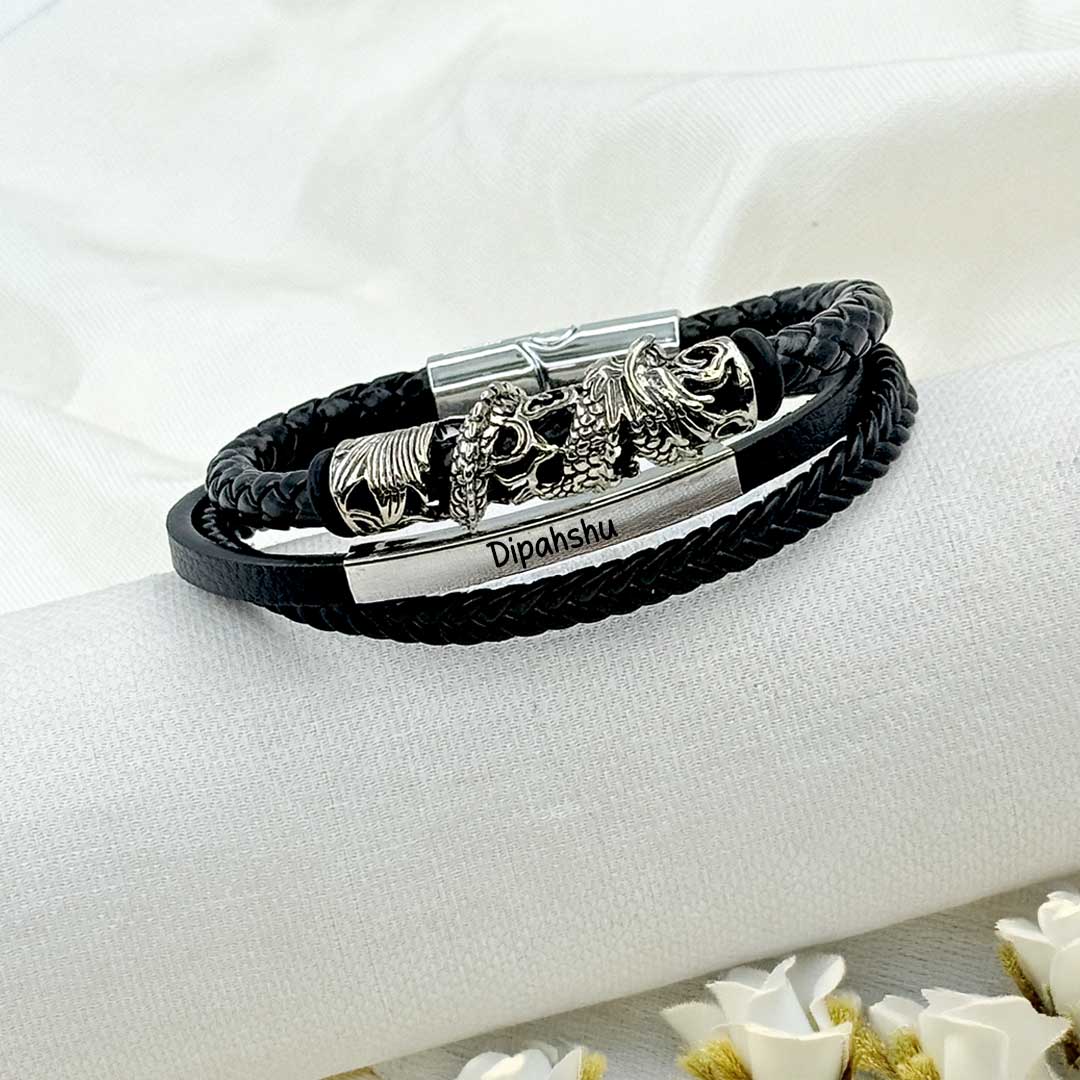 Custom Name Leather Bracelet for Men – Dragon Power Design