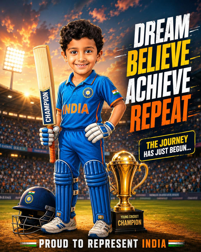 Personalized Future Cricket Champion Digital Portrait for Kids | Custom Cricket Theme Sports Artwork Gift