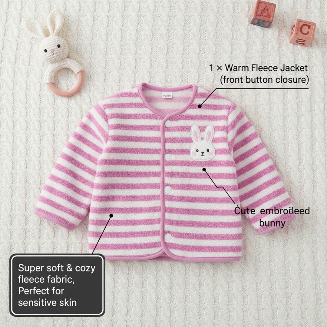 Pink Striped Baby Winter Fleece Clothing Set – 4 Pc