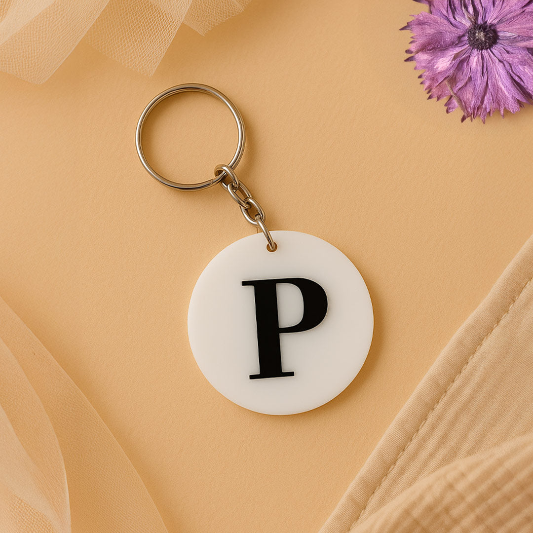 Personalized Round Acrylic Initial Keychain – White