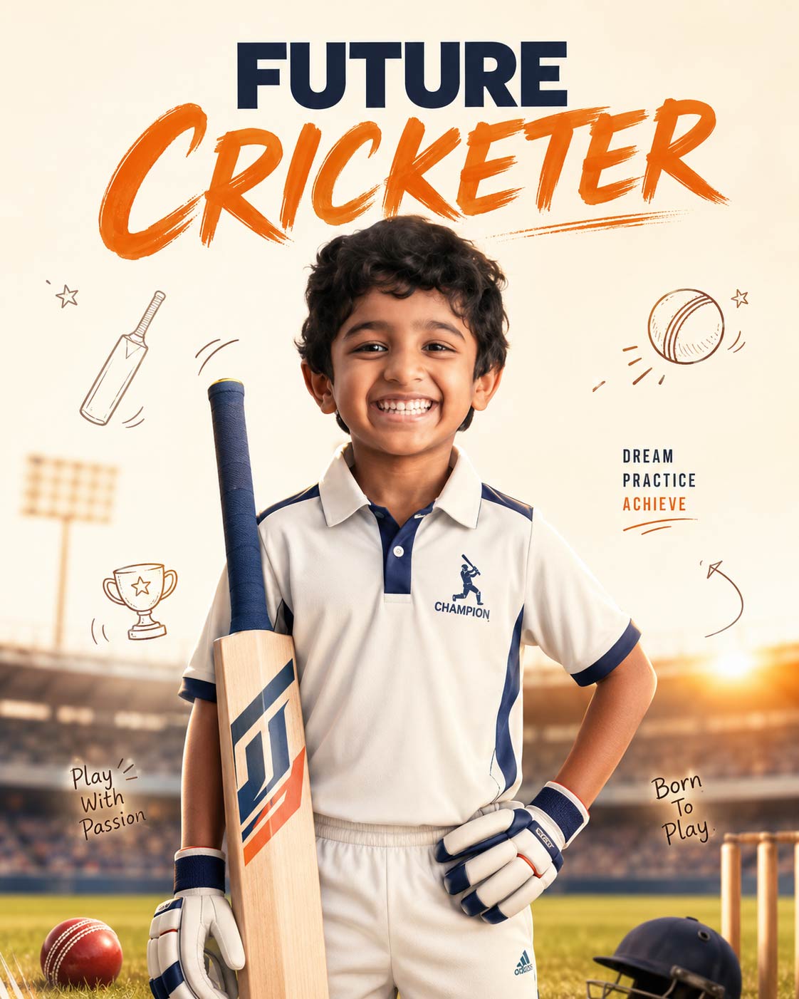 Personalized Future Cricket Champion Digital Portrait for Kids | Custom Cricket Theme Sports Artwork Gift