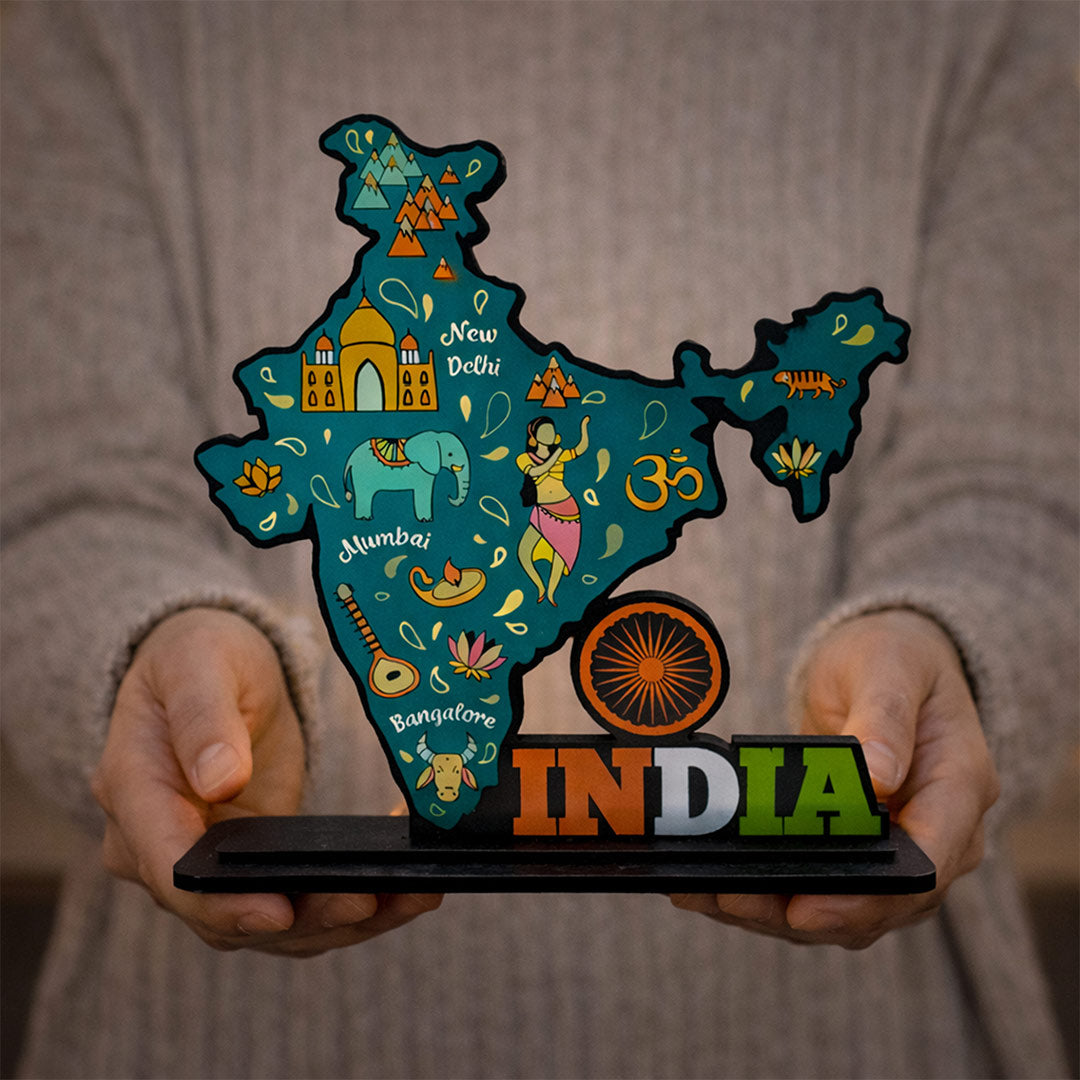 India Map Wooden Table Top Decor – 3D India Art Stand (7x7 Inch) | Love Craft Gifts