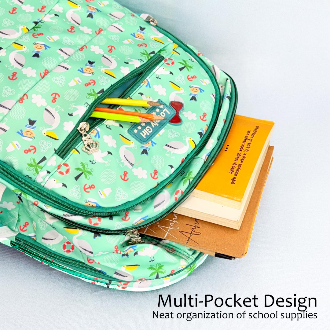 Cartoon-Themed Mint Green School Backpack for Kids – Lightweight & Spacious