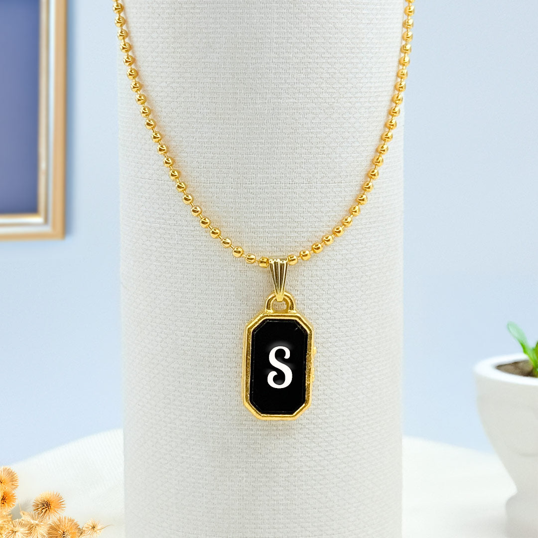 Custom Gold Initial Pendant Necklace – Black Enamel with Personal Letter