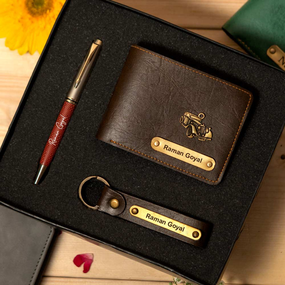 Customized Men's Wallet, Pen & Keychain Combo