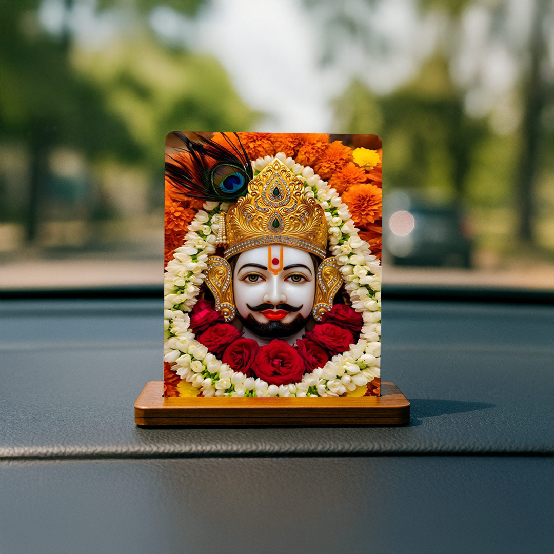 Love Craft Gifts – Khatu Shyam Ji Acrylic Car Dashboard Stand | UV Printed | Premium Wooden Base