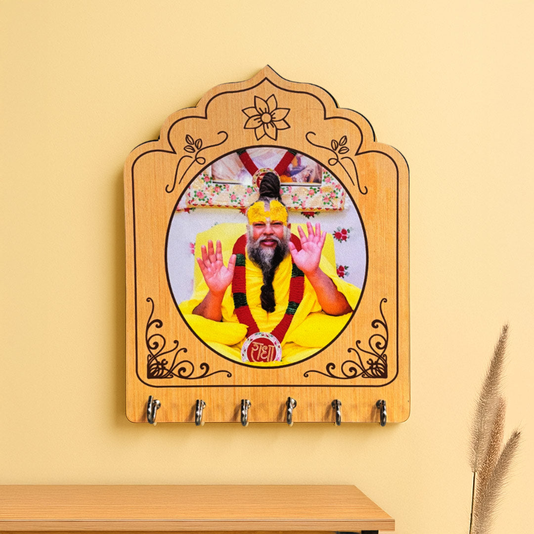 Premanand Maharaj Ji Wooden Wall Key Holder with Photo Frame | Love Craft Gifts