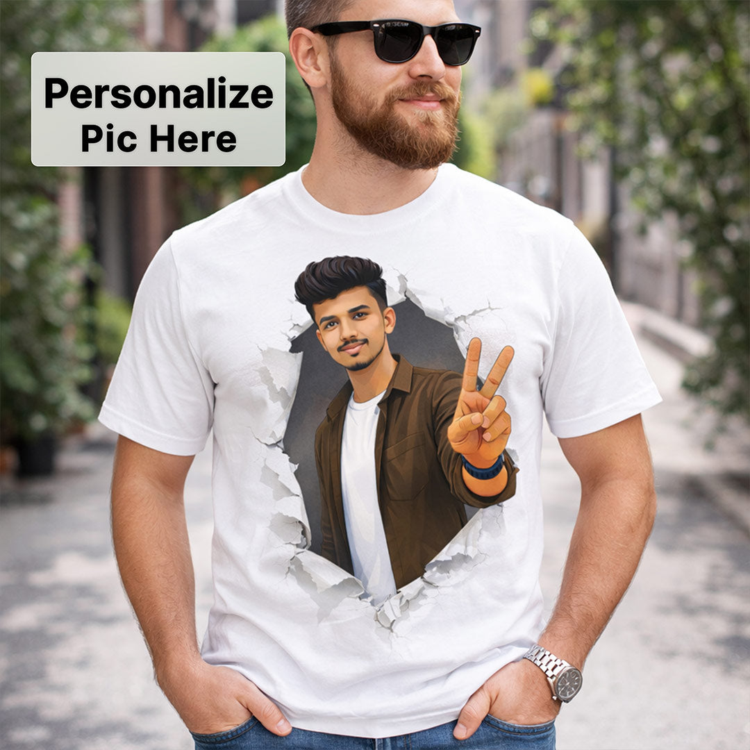 Personalized 3D Broken Wall Photo Print White T-Shirt – Custom Portrait Unisex Tee | Love Craft Gifts