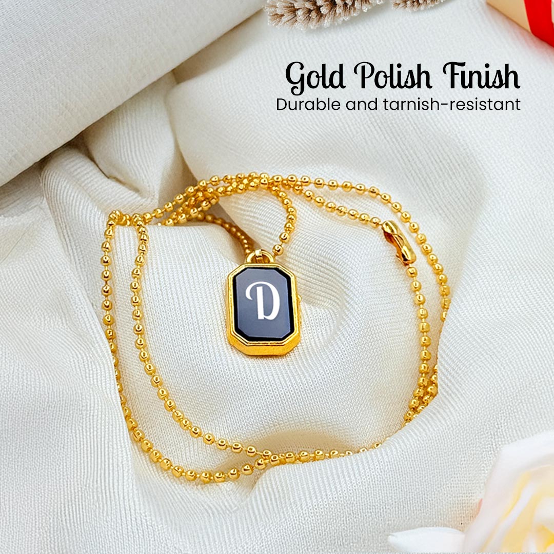 Custom Gold Initial Pendant Necklace – Black Enamel with Personal Letter