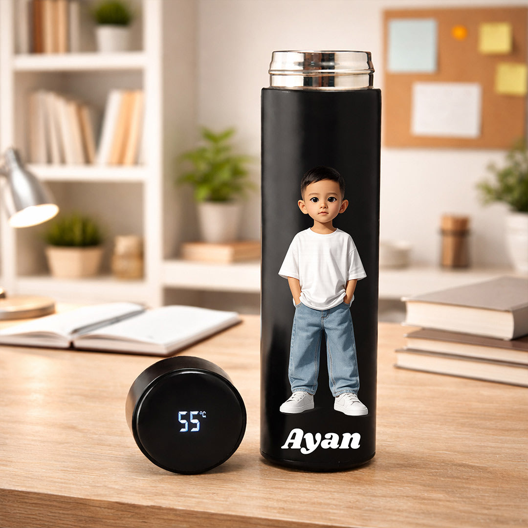 Personalized Temperature Water Bottle with Cartoon Photo & Name Custom Print Matte Black 500ml Stainless Steel LED Display Bottle Gift for Kids & Boys | Love Craft Gifts