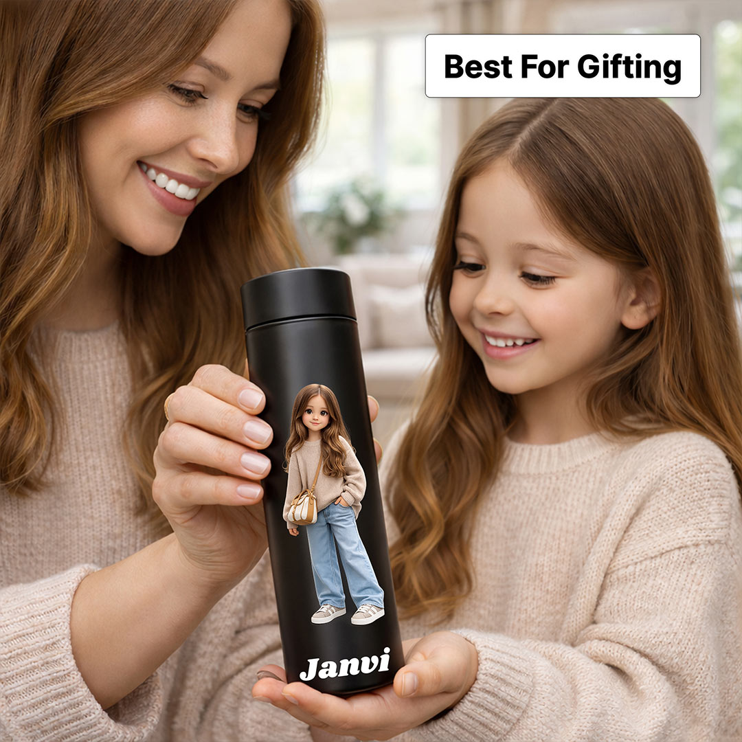 Personalized LED Temperature Water Bottle (500ml, Matte Black) – Custom Name & Photo Stainless Steel Vacuum Flask for Kids, Girls & Daily Use | Love Craft Gifts