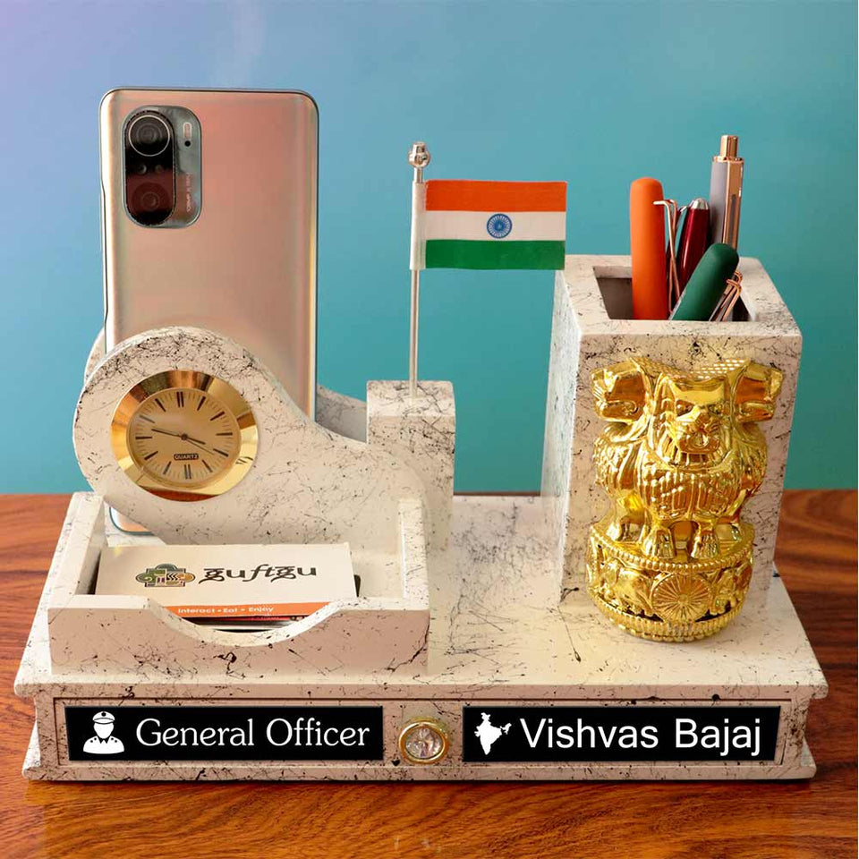 Customized Wooden Pen Stand With Clock, Indian Flag, Ashok Pillar