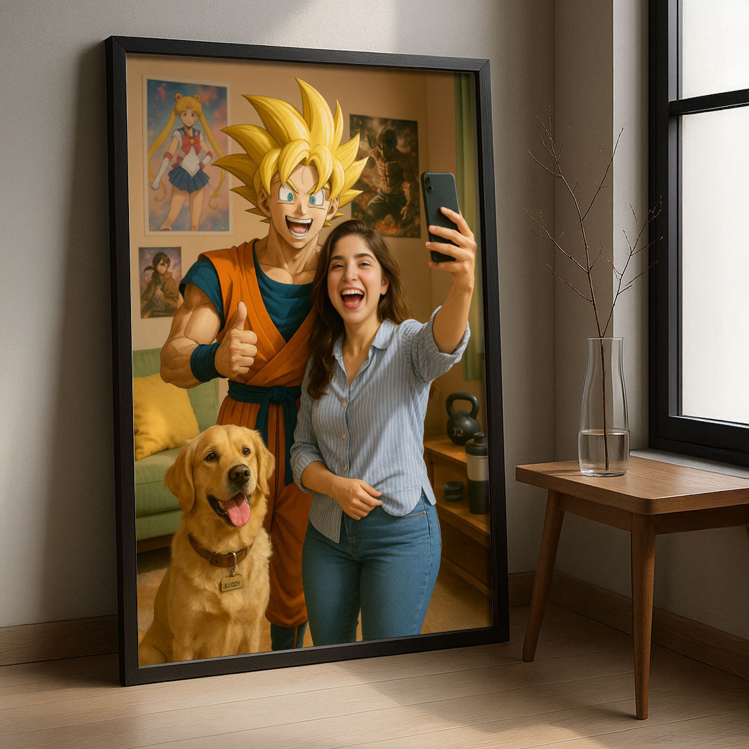 Custom Goku Selfie Wall Art with Wooden Frame | Love Craft Gifts