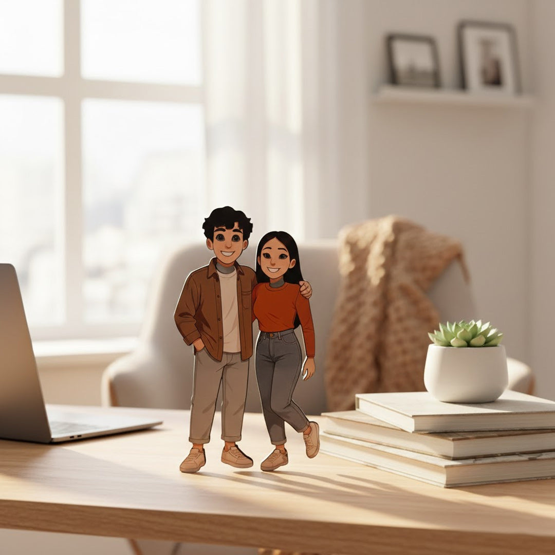 Personalized Couple Illustrated Art Table Stand – 5×9" Custom Character Design | Love Craft Gifts