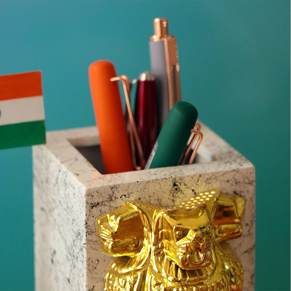 Customized Wooden Pen Stand With Clock, Indian Flag, Ashok Pillar