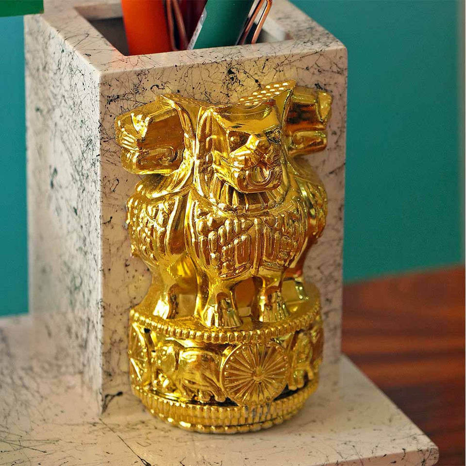 Customized Wooden Pen Stand With Clock, Indian Flag, Ashok Pillar