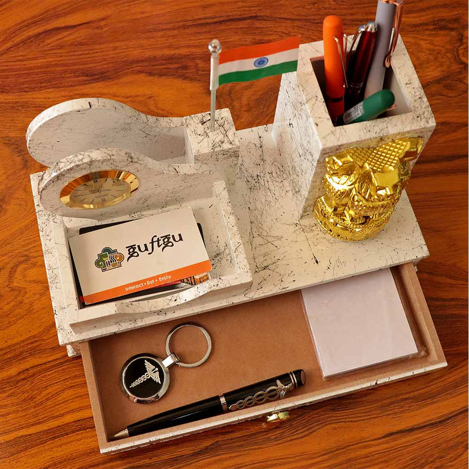 Customized Wooden Pen Stand With Clock, Indian Flag, Ashok Pillar