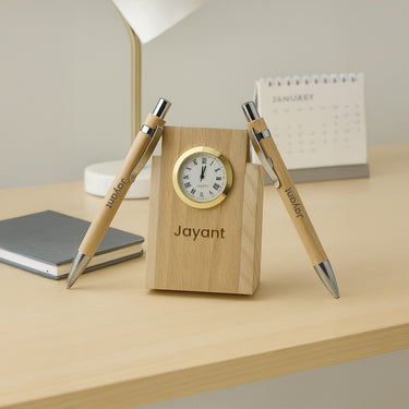 Personalized Wooden Clock Pen Stand with 2 Pens | Love Craft Gifts