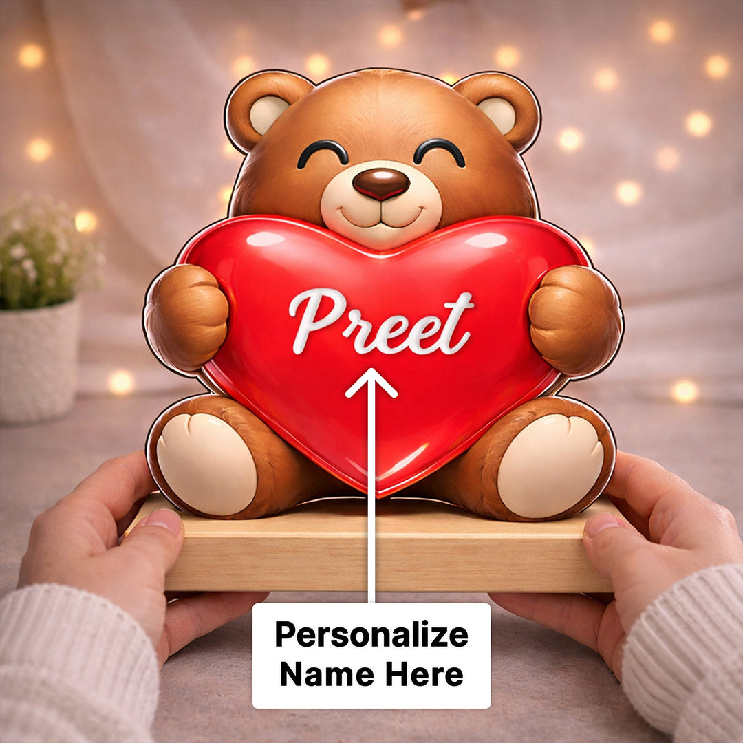 Personalized Teddy Bear Heart Wooden Stand with Name – Custom Cute Table Top Gift (7x7 Inch) | Love Craft Gifts