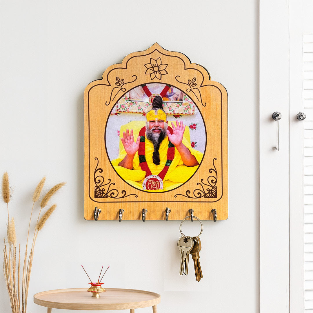 Premanand Maharaj Ji Wooden Wall Key Holder with Photo Frame | Love Craft Gifts
