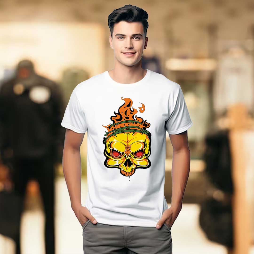 Men's White Fire Skull T-Shirt | Love Craft Gifts