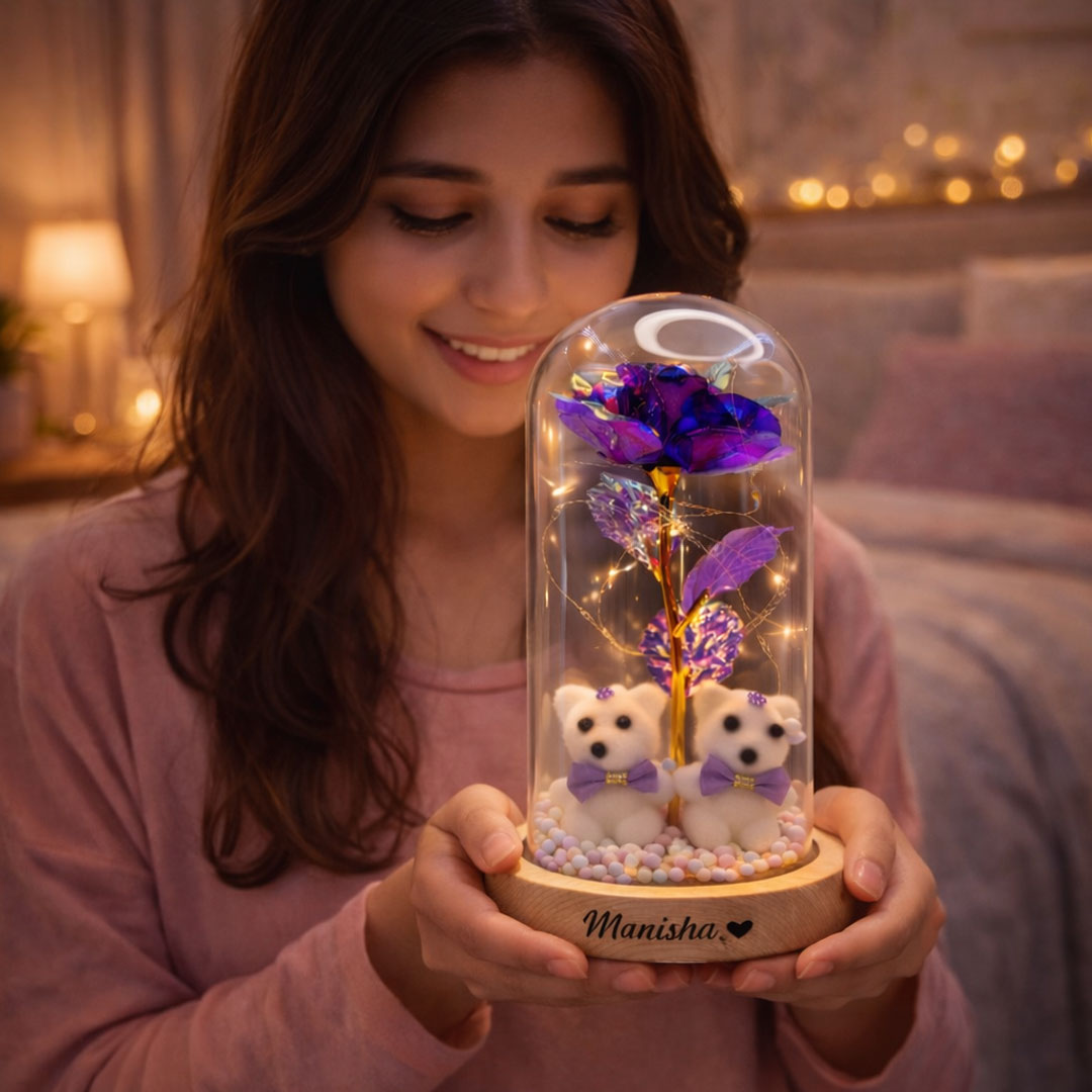 Forever Bloom Dome – Personalized Teddy Rose LED Lamp