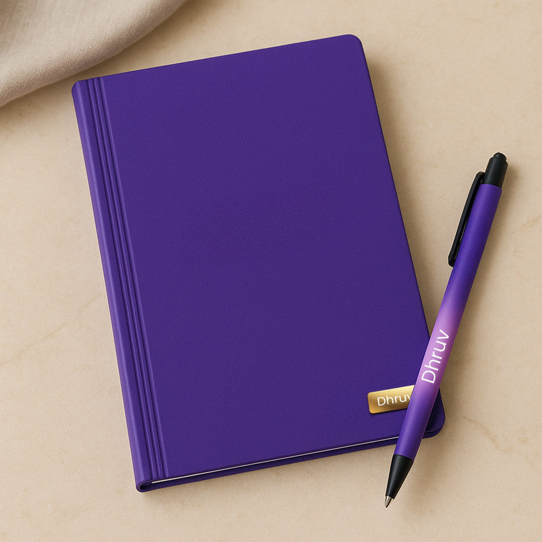 Personalized Purple Gift Set – Custom Diary, Pen & Black Bottle Combo in Premium Box | Love Craft Gifts