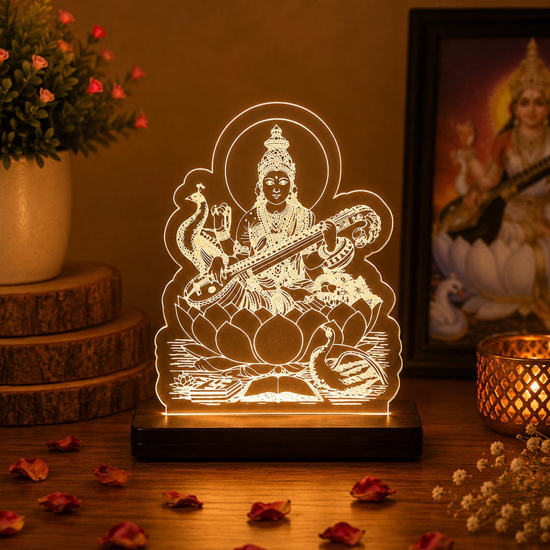 Maa Saraswati LED Acrylic Lamp with Swan – Goddess of Wisdom Decorative Night Light for Study Table, Home Temple & Spiritual Gifting | LoveCraftGifts™