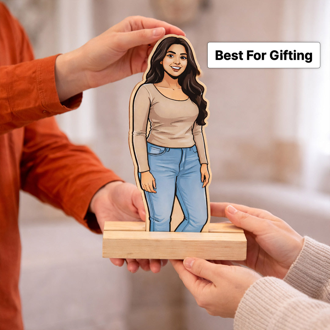 Personalized Cartoon Acrylic Photo Stand with Wooden Base – Custom Picture Cutout Table Top Gift (7x4 Inch) | Love Craft Gifts