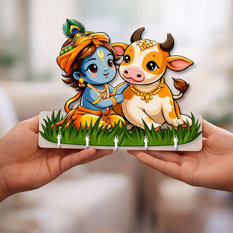 Bal Krishna Key Holder for Home Entrance | Cute Cow Design Wall Organizer | Love Craft Gifts™