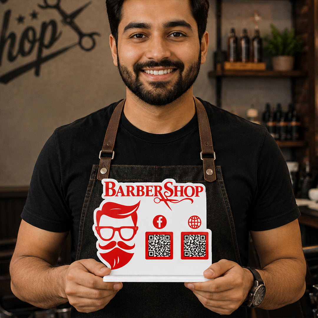 Personalized Barber Shop QR Code Table Stand | Custom Salon Social Media & Payment Scan Display for Barbers & Salons - 9x7.5" | Love Craft Gifts™