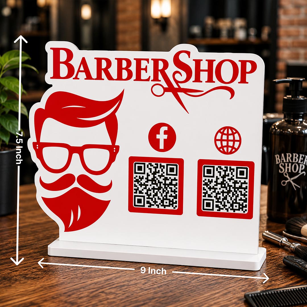 Personalized Barber Shop QR Code Table Stand | Custom Salon Social Media & Payment Scan Display for Barbers & Salons - 9x7.5" | Love Craft Gifts™